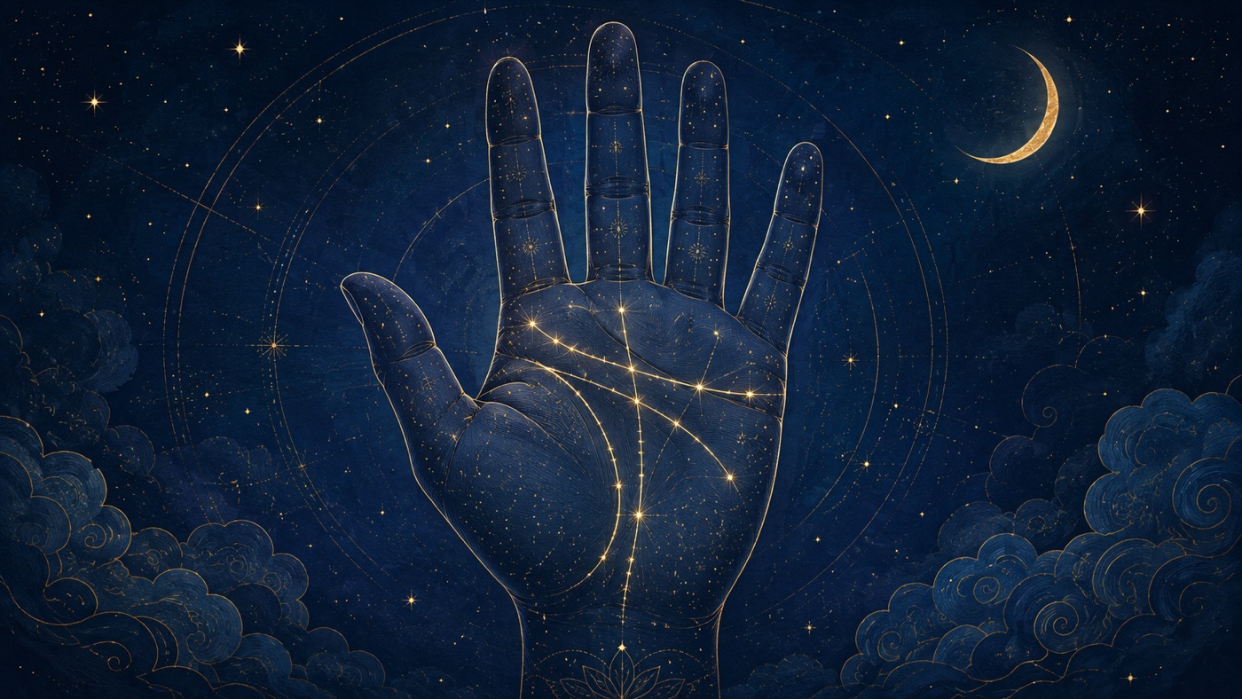 夜空の星座のように金色に輝く手相の線が描かれた手のひらのイラスト