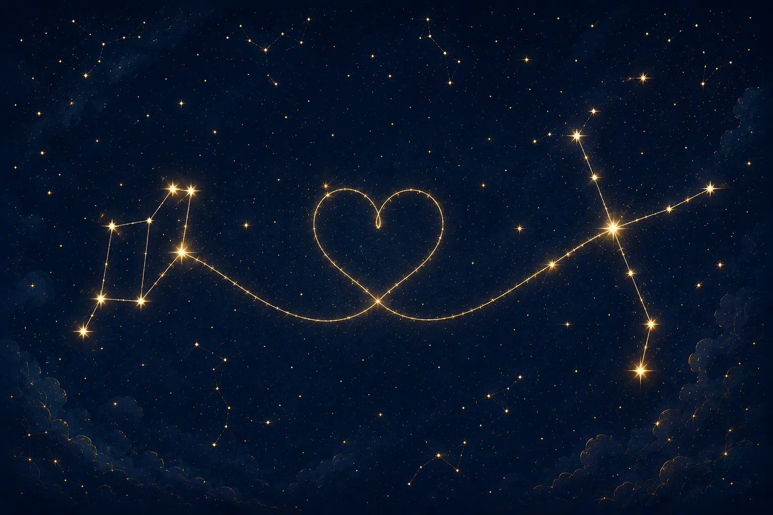 2つの星座が金の糸で結ばれハートを描くイラスト