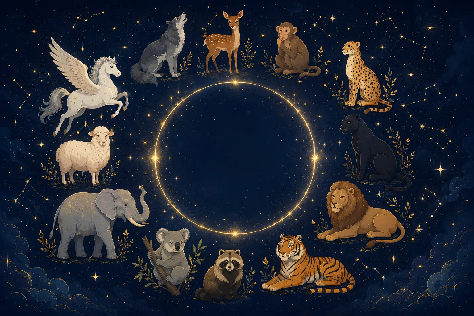 星空に12匹の動物が円環状に並ぶイラスト
